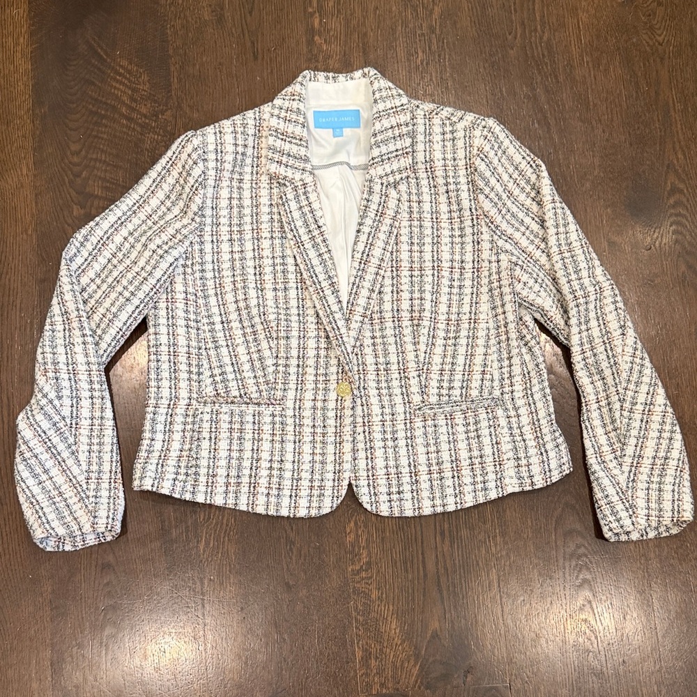 Draper James Cream/Brown/Black Multi-Striped Tweed Cropped Blazer